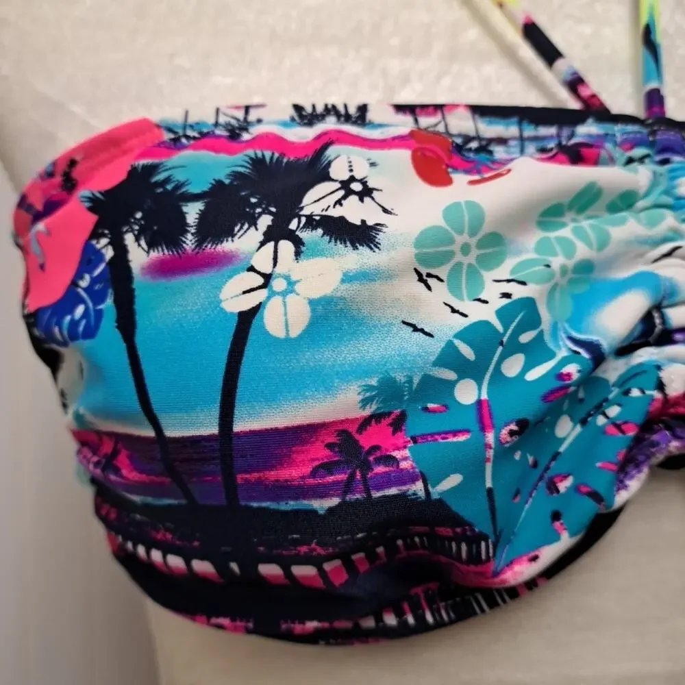 Ocean Pacific OP Bikini Swim Top Womens L Tropical Hawaiian Scene Halter Neck